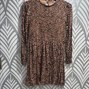 Brown Animal Print Mini Dress with Long Bishop Sleeves for Night Out